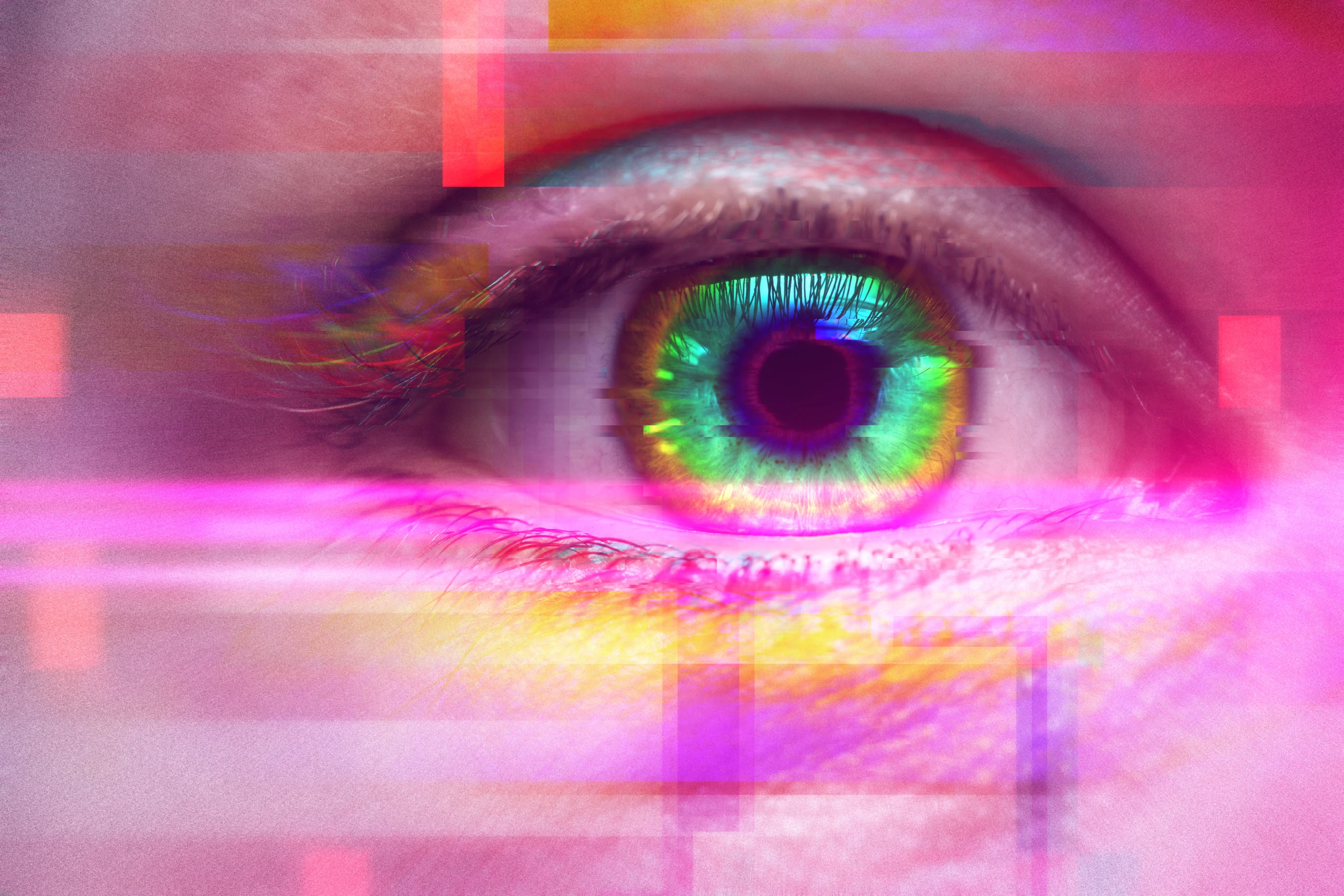 Female eye with colorful iris. Effect of using psychoactive drug and having psychedelic trip with hallucinations. Glitch and noise effects applied.